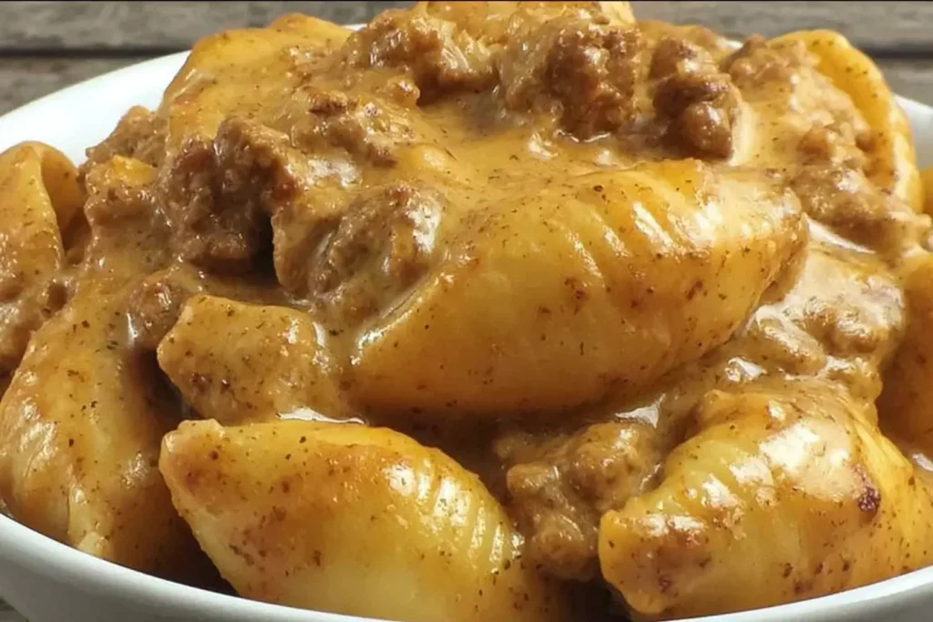 Close-up of creamy Crock Pot Taco Shells and Cheese with seasoned ground beef and tender pasta shells in a rich taco-flavored sauce