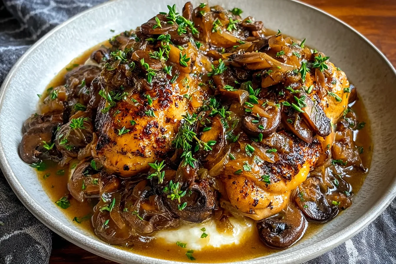 Savory Slow Cooked Crockpot Chicken smothered in rich onion-mushroom gravy over creamy mashed potatoes, topped with fresh herbs.