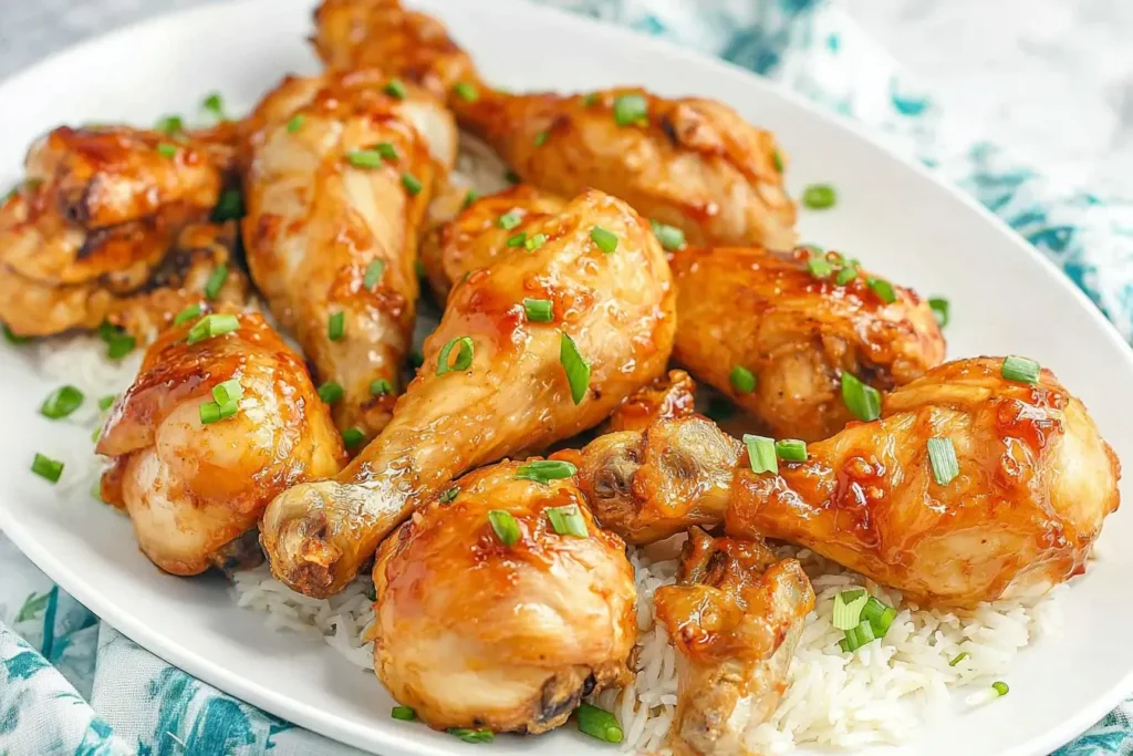Slow Cooker Chicken Legs served over rice on a white platter, coated in a glossy honey garlic sauce and garnished with fresh green onions.