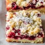 Cranberry Bars with buttery crumb topping, juicy cranberry layer, and soft cake base, dusted with powdered sugar on a festive holiday table
