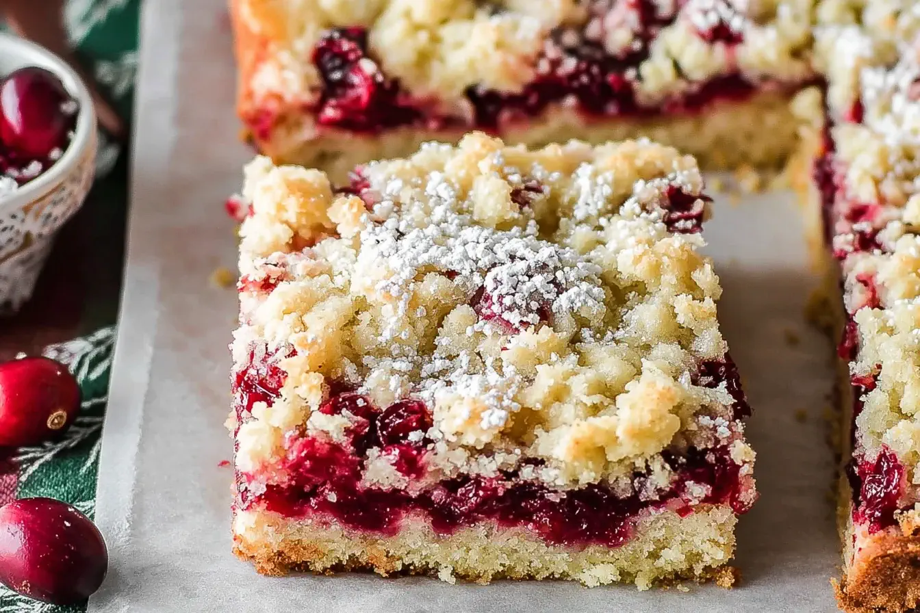 Cranberry Bars with buttery crumb topping, juicy cranberry layer, and soft cake base, dusted with powdered sugar on a festive holiday table