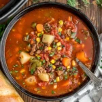 Crockpot Cowboy Soup served in a bowl with ground beef, potatoes, beans, and vegetables, surrounded by crusty bread