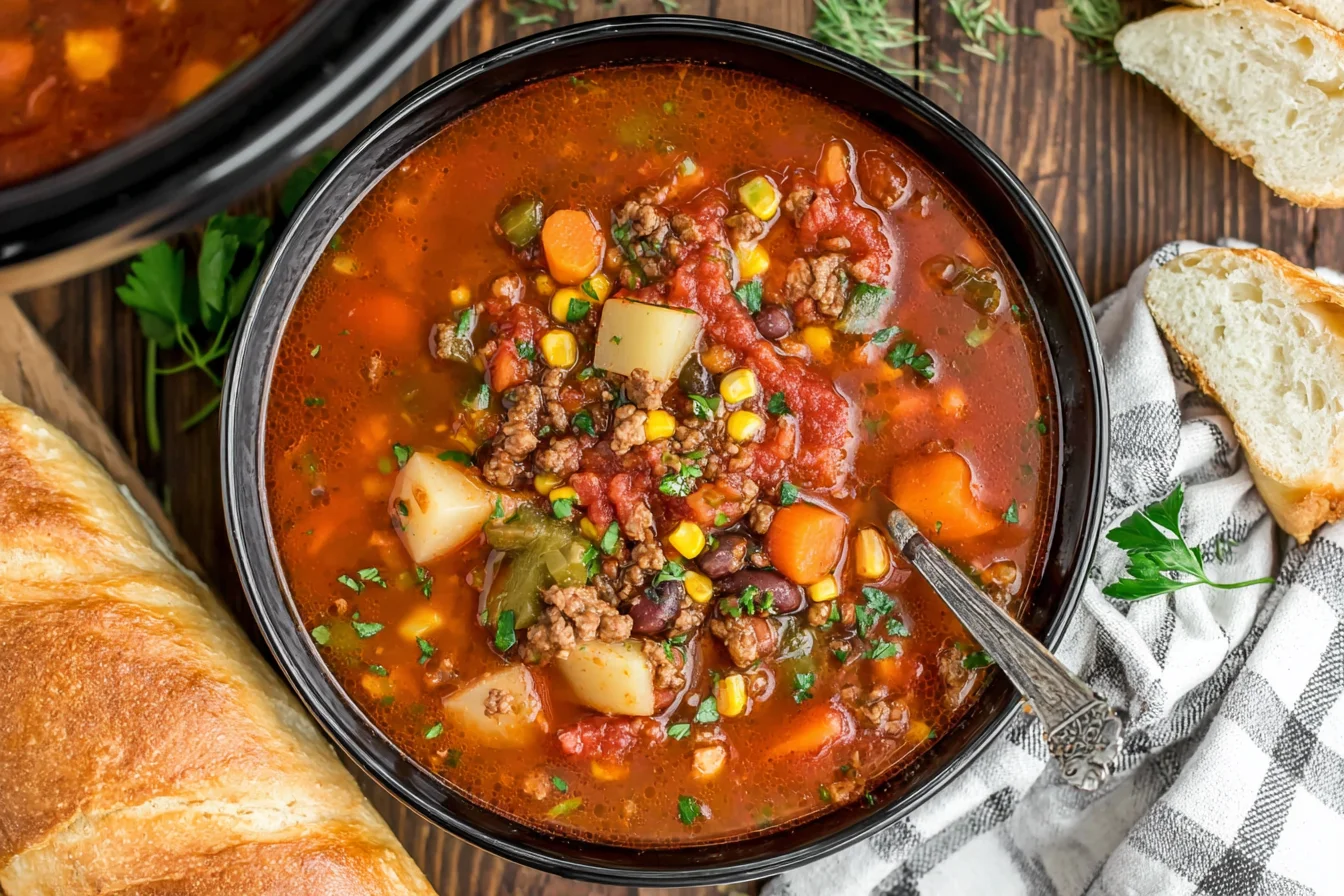 Crockpot Cowboy Soup served in a bowl with ground beef, potatoes, beans, and vegetables, surrounded by crusty bread