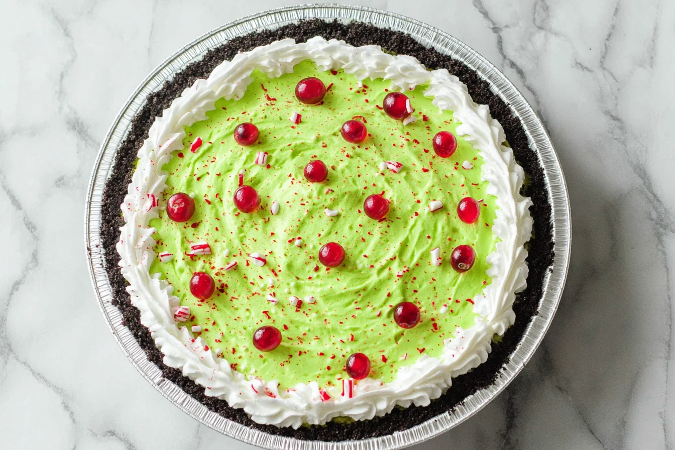 Top view of a No Bake Grinch Pie with bright green filling, whipped cream border, and festive red candies in an Oreo crust.