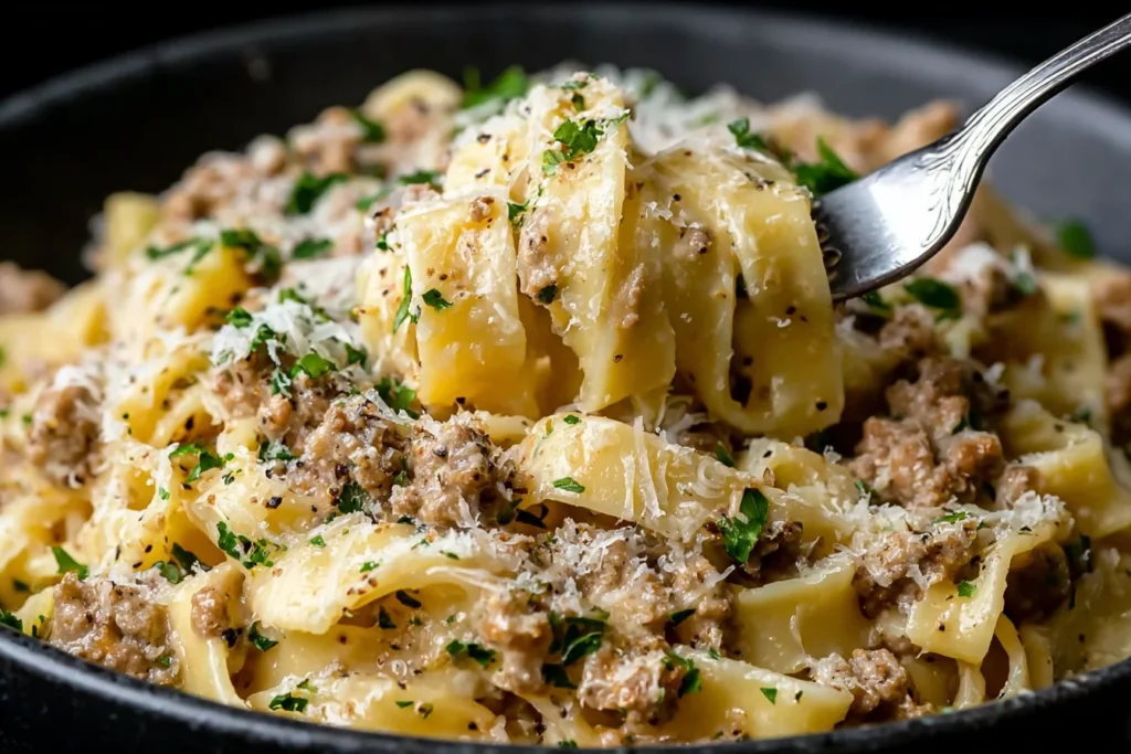 Close-up of creamy White Bolognese Sauce clinging to wide ribbon pasta with Parmesan, parsley, and cracked black pepper.