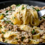 Close-up of creamy White Bolognese Sauce clinging to wide ribbon pasta with Parmesan, parsley, and cracked black pepper.