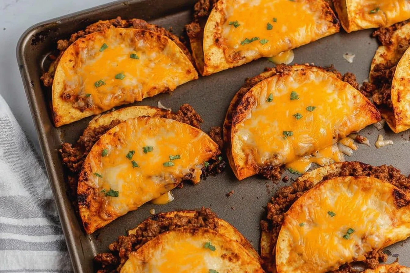 Sheet Pan Tacos on a baking sheet with seasoned ground beef and melted cheddar, baked until crispy and golden with a sprinkle of herbs.
