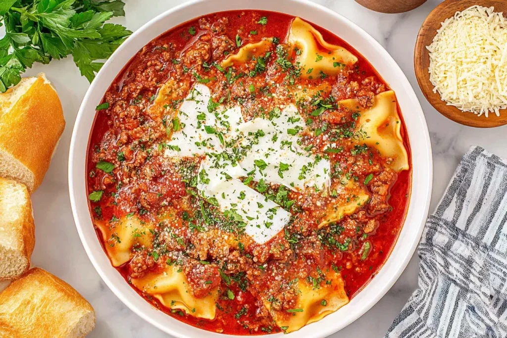 Bowl of Crockpot Lasagna Soup topped with ricotta, parmesan, and fresh herbs, served with bread on the side.