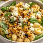 Creamy Street Corn Pasta Salad with fire-roasted corn, basil, crumbled cotija cheese, and tender pasta in a rich, creamy dressing.