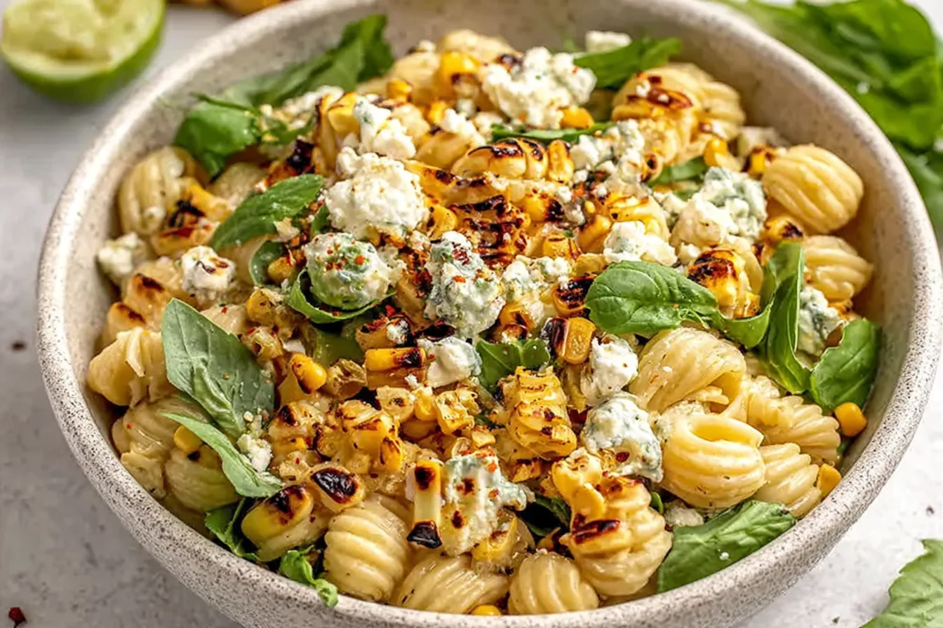 Creamy Street Corn Pasta Salad with fire-roasted corn, basil, crumbled cotija cheese, and tender pasta in a rich, creamy dressing.