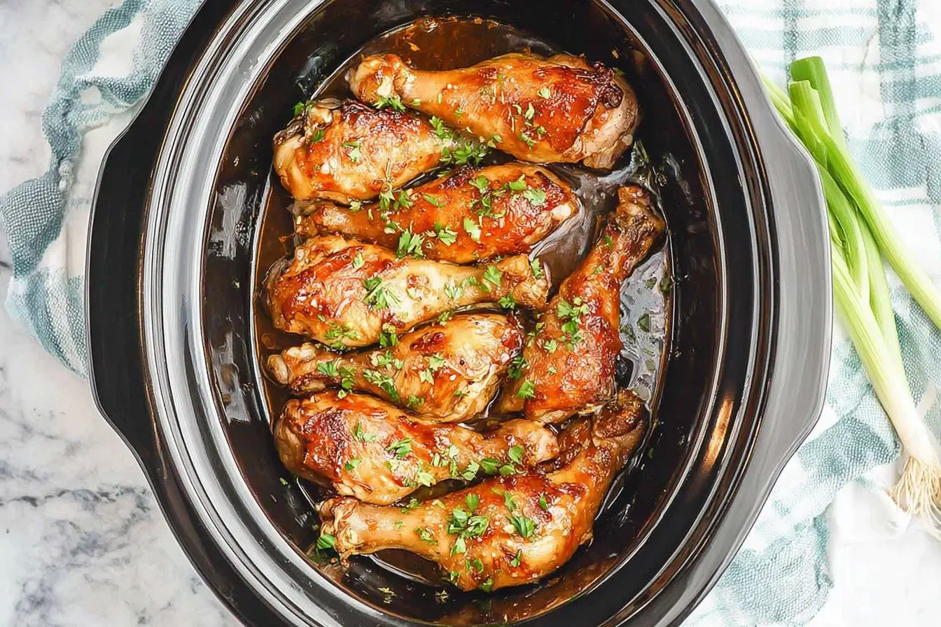 Slow Cooker Chicken Legs cooked in a glossy honey garlic sauce inside a crockpot, tender and caramelized with fresh herbs.
