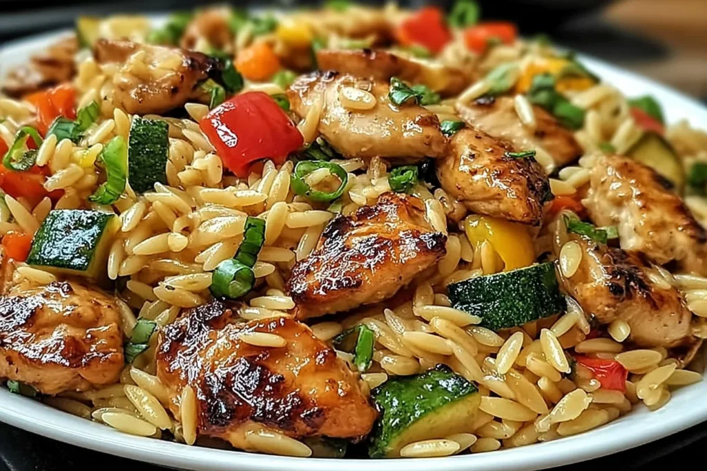 Lemon Chicken and Veggie Orzo Stir Fry served in a bowl with golden chicken pieces, orzo pasta, zucchini, and bell peppers