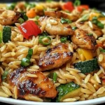 Lemon Chicken and Veggie Orzo Stir Fry served in a bowl with golden chicken pieces, orzo pasta, zucchini, and bell peppers