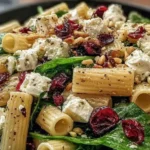 Feta and Cranberry Rigatoni Salad with creamy feta, dried cranberries, spinach, and lemon vinaigrette served in a rustic bowl