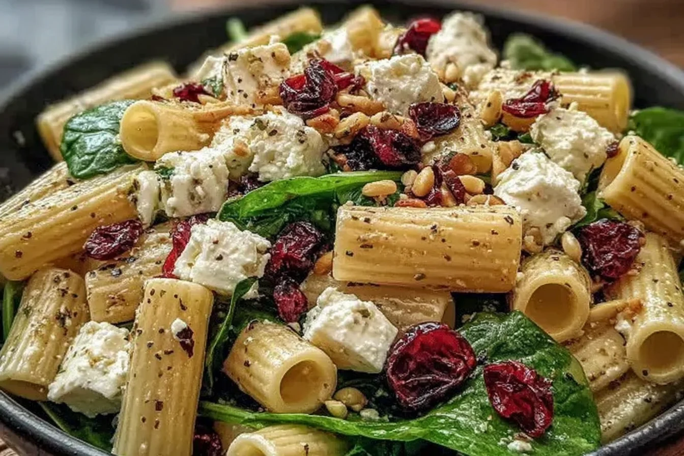 Feta and Cranberry Rigatoni Salad with creamy feta, dried cranberries, spinach, and lemon vinaigrette served in a rustic bowl