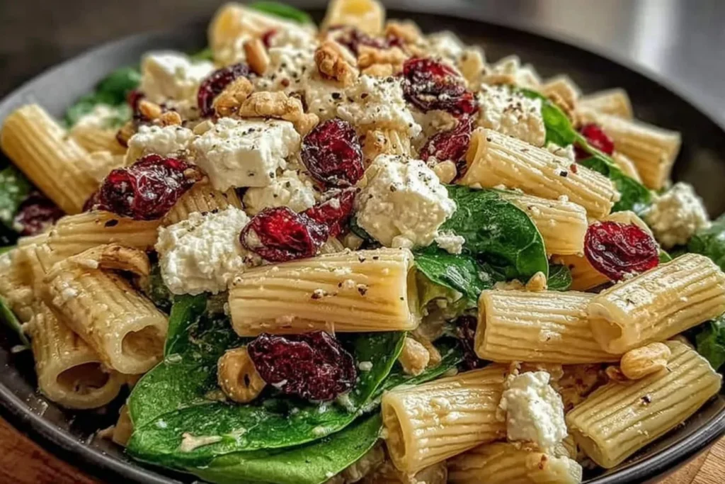 Feta and Cranberry Rigatoni Salad with spinach, creamy feta cheese, dried cranberries, toasted nuts, and lemon vinaigrette
