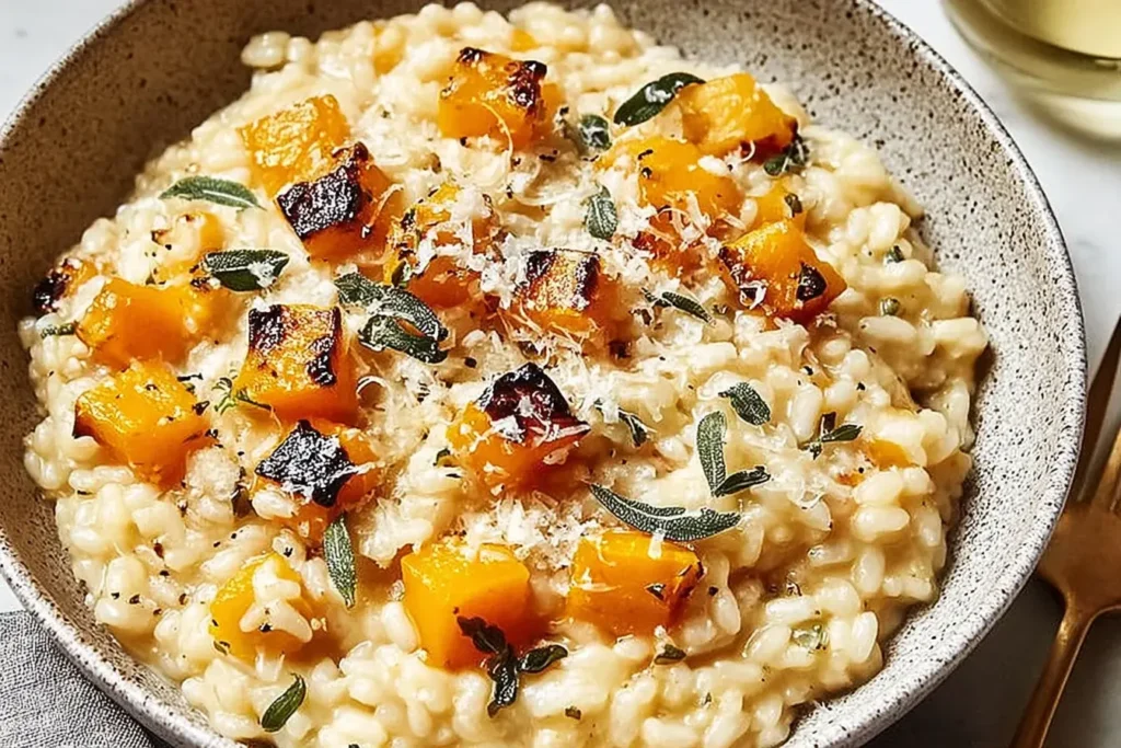 Creamy Butternut Squash Risotto topped with roasted caramelized squash cubes, fresh sage, and parmesan, served in a rustic bowl.