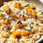 Creamy Butternut Squash Risotto topped with roasted caramelized squash cubes, fresh sage, and parmesan, served in a rustic bowl.