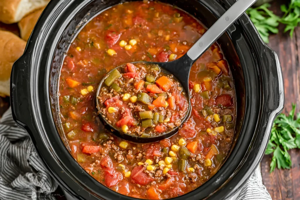 Crockpot Cowboy Soup simmering in a slow cooker with ground beef, beans, vegetables, and tomatoes, served hot and hearty