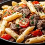 Garlic Beef Pasta made with tender beef chunks, penne pasta, cherry tomatoes, and herbs in a rich garlic sauce, served fresh and hearty.