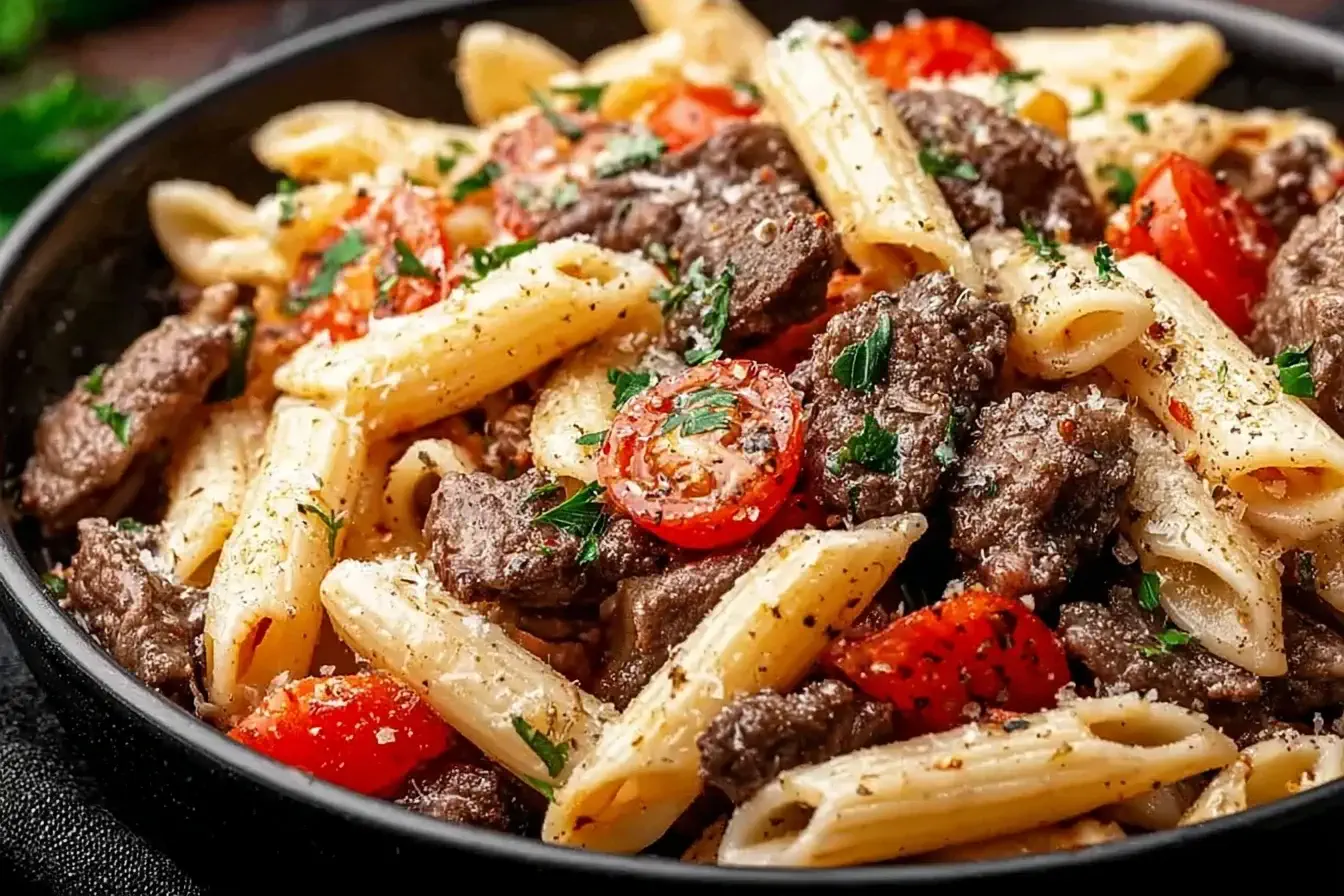 Garlic Beef Pasta made with tender beef chunks, penne pasta, cherry tomatoes, and herbs in a rich garlic sauce, served fresh and hearty.