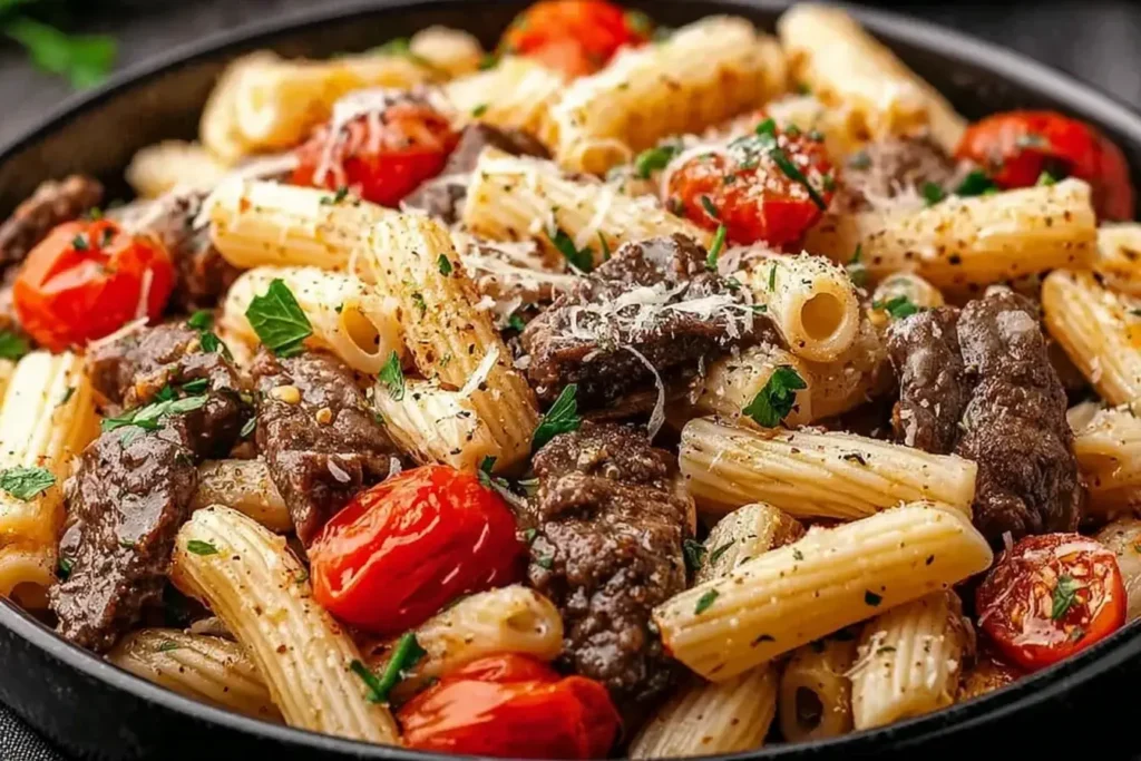 Garlic Beef Pasta with tender beef chunks, rigatoni pasta, roasted cherry tomatoes, Parmesan cheese, and fresh herbs in a savory garlic sauce.