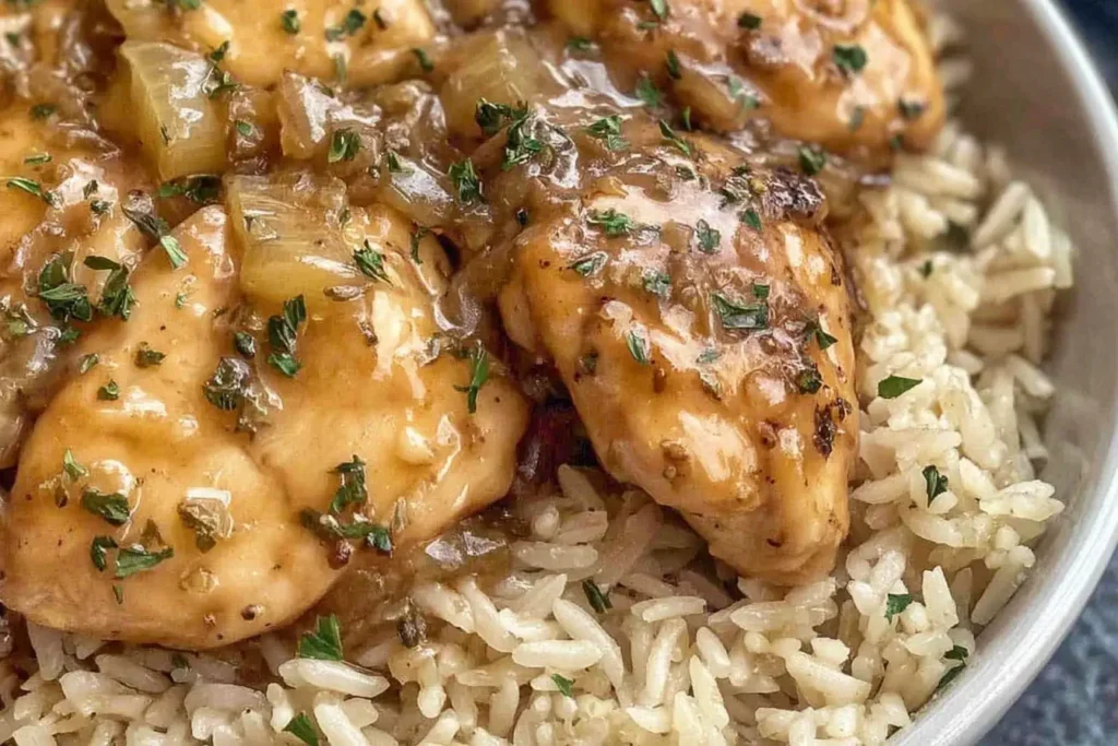 Creamy Crock Pot No Peek Chicken with Rice topped with savory onion gravy, served over fluffy jasmine rice for a cozy slow cooker dinner.