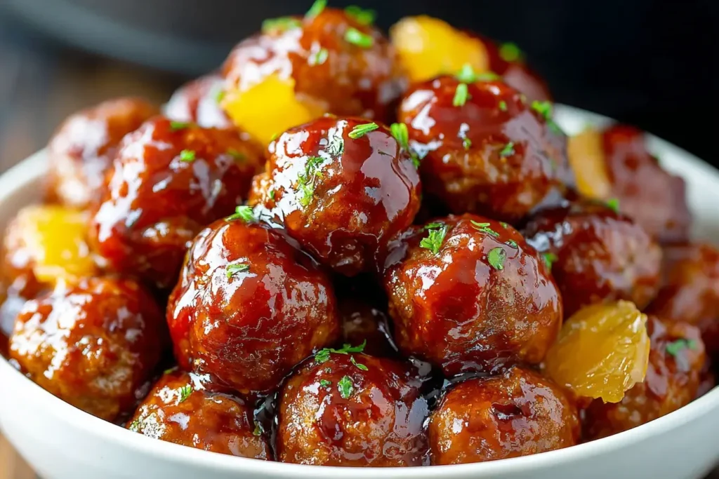 Slow Cooker Teriyaki Meatballs stacked in a bowl and coated in a glossy, sweet teriyaki sauce.