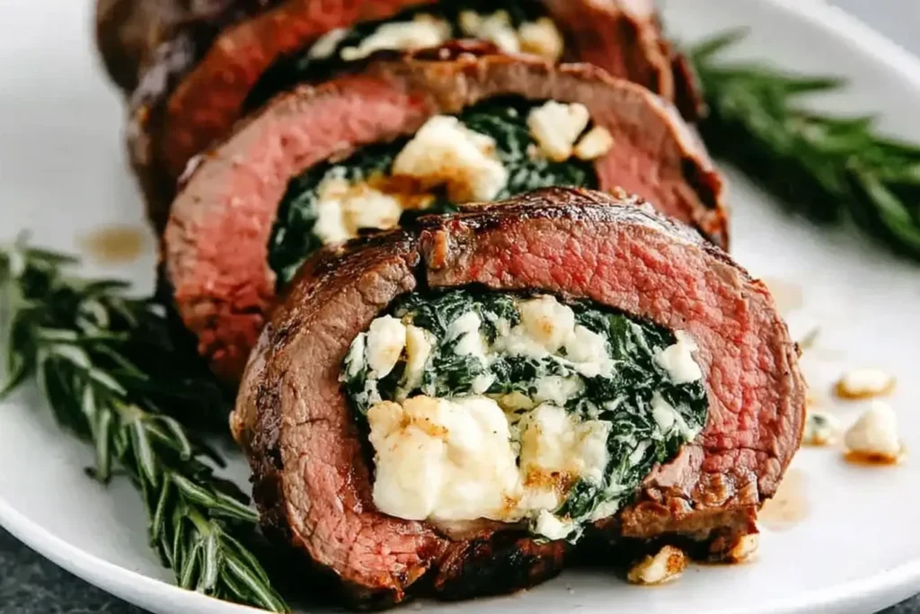 Christmas Stuffed Beef Tenderloin sliced with creamy spinach and cheese filling, served with fresh rosemary.