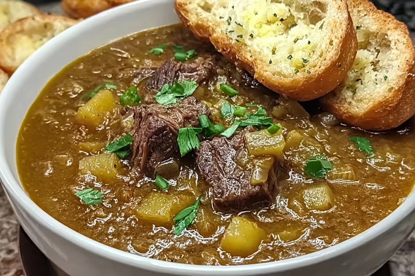 French Onion Beef Short Rib Soup in a bowl topped with tender beef, caramelized onions, and toasted baguette slices