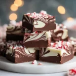 Rich and creamy Peppermint Swirl Fudge stacked on a marble plate with crushed candy canes on top.