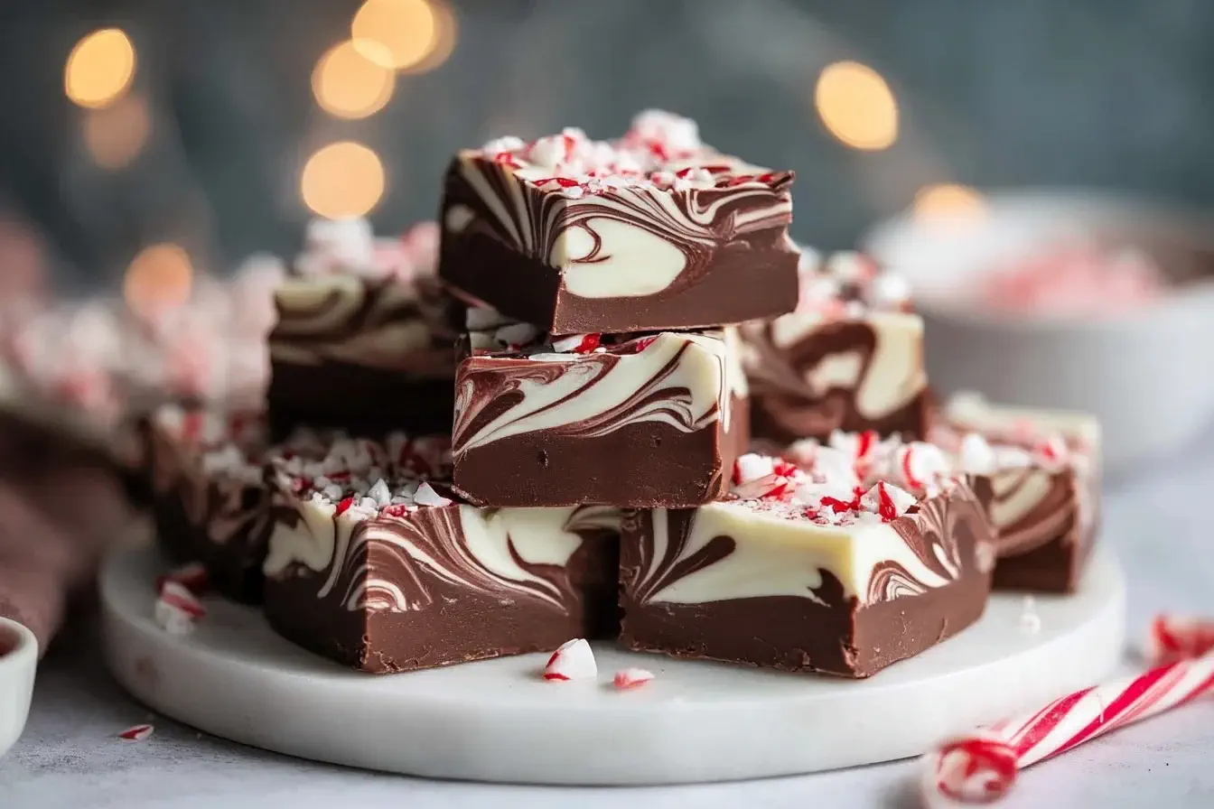 Rich and creamy Peppermint Swirl Fudge stacked on a marble plate with crushed candy canes on top.