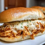 Slow Cooker Parmesan Garlic Chicken Sandwich with shredded chicken and melty mozzarella on a toasted roll, served on a white plate.