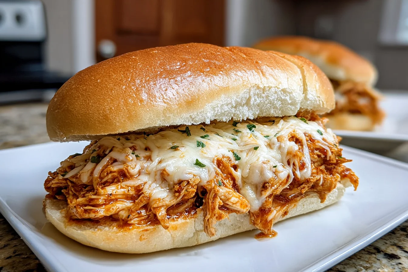 Slow Cooker Parmesan Garlic Chicken Sandwich with shredded chicken and melty mozzarella on a toasted roll, served on a white plate.