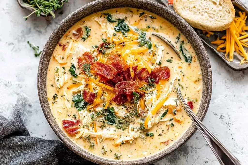 Creamy Slow Cooker Crack Chicken Soup topped with crispy bacon, cheddar cheese, and fresh herbs in a rustic bowl.