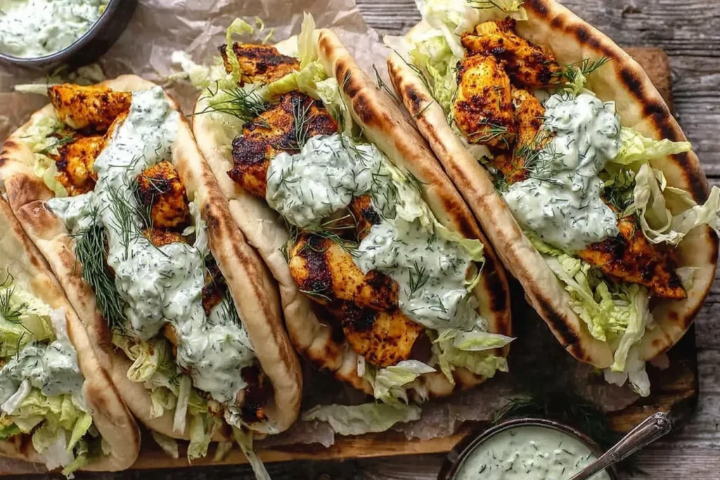 Sheet Pan Chicken Pitas with Herby Ranch piled with smoky roasted chicken, crisp shredded cabbage, and creamy dill-herb ranch sauce in warm toasted pitas.