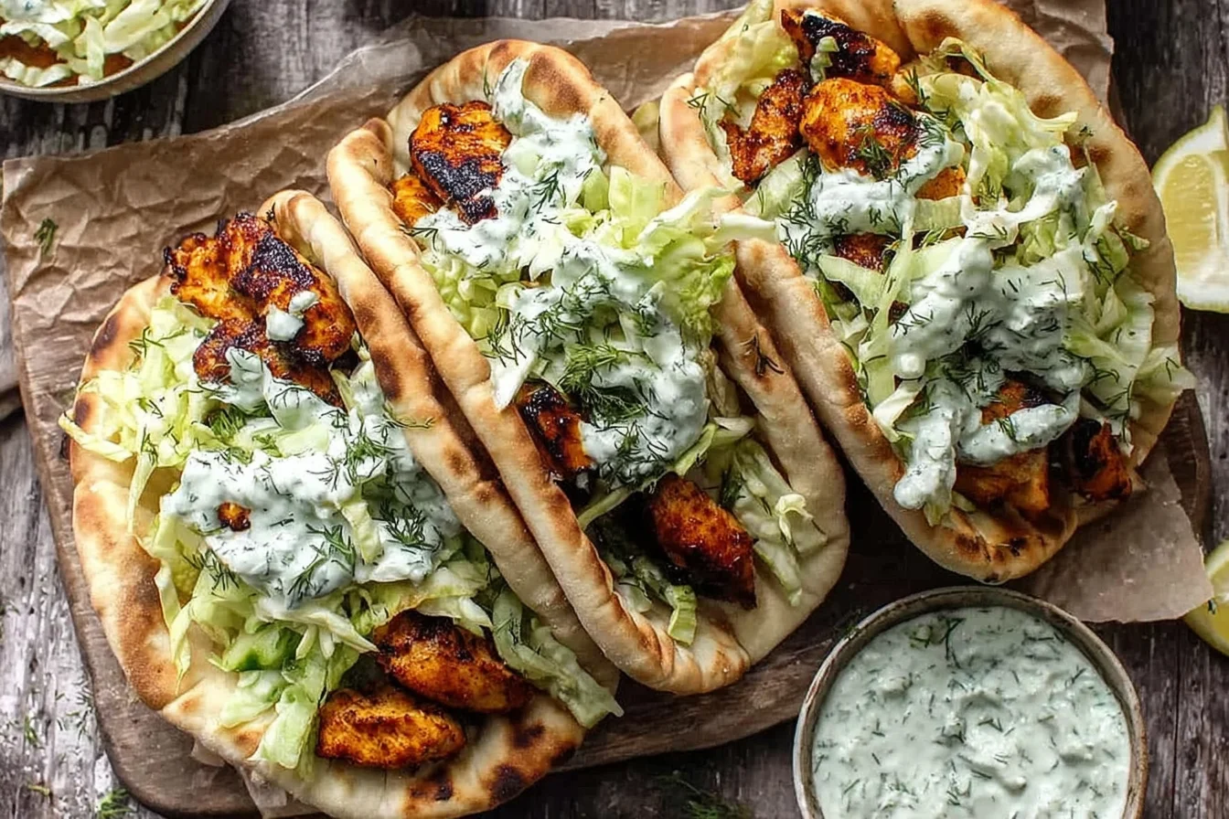 Sheet Pan Chicken Pitas with Herby Ranch stuffed with roasted spiced chicken, crunchy cabbage slaw, and creamy herby ranch drizzle on a wooden board.