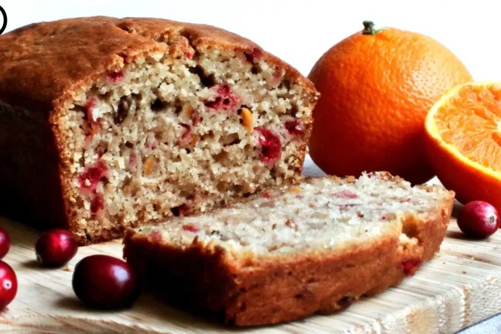 Moist Christmas Bread loaf with cranberries and orange slices showcasing festive cranberry orange flavors on a wooden board.