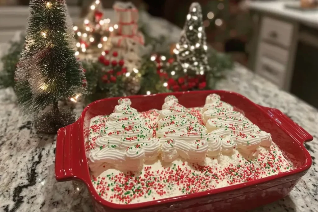 Christmas Tree Dirt Cake in a red dish topped with whipped tree cakes and holiday sprinkles surrounded by glowing Christmas décor.