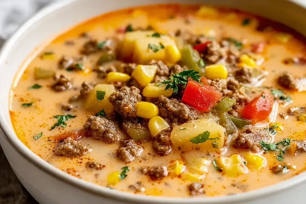 Close-up bowl of Gluten Free Cowboy Soup with ground beef, potatoes, corn, peppers, and fresh herbs in a creamy broth.