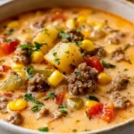 Creamy bowl of Gluten Free Cowboy Soup with ground beef, potatoes, corn, tomatoes, and herbs.