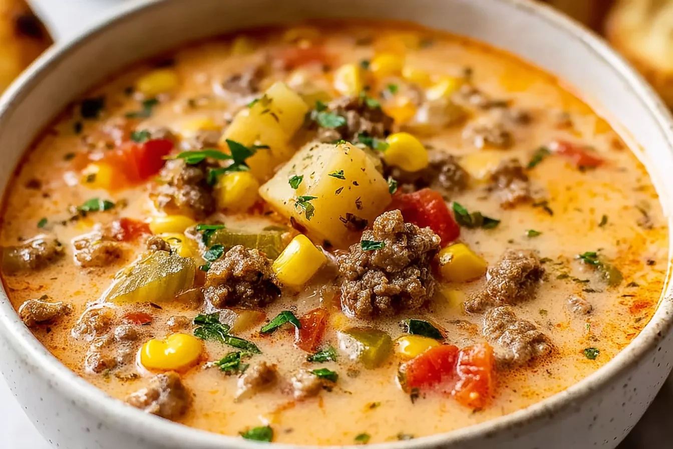 Creamy bowl of Gluten Free Cowboy Soup with ground beef, potatoes, corn, tomatoes, and herbs.