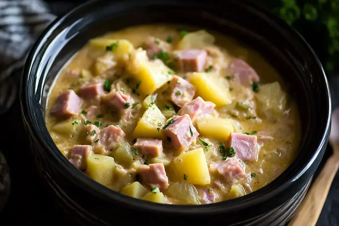 Creamy Slow Cooker Ham and Potato Casserole with tender potatoes, diced ham, and parsley served in a black bowl.