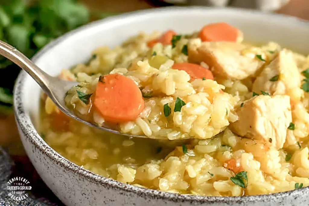 Close-up of creamy One Pot Chicken and Rice with tender chicken pieces, soft carrots, and fluffy rice in a cozy bowl.