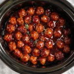 Cranberry BBQ Crockpot Meatballs simmering in a slow cooker, coated in a glossy sweet and tangy cranberry barbecue sauce
