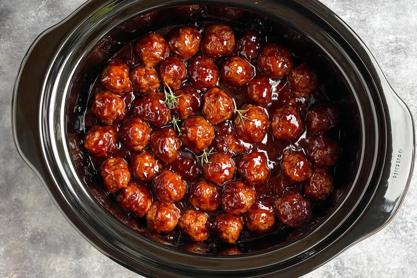 Cranberry BBQ Crockpot Meatballs simmering in a slow cooker, coated in a glossy sweet and tangy cranberry barbecue sauce