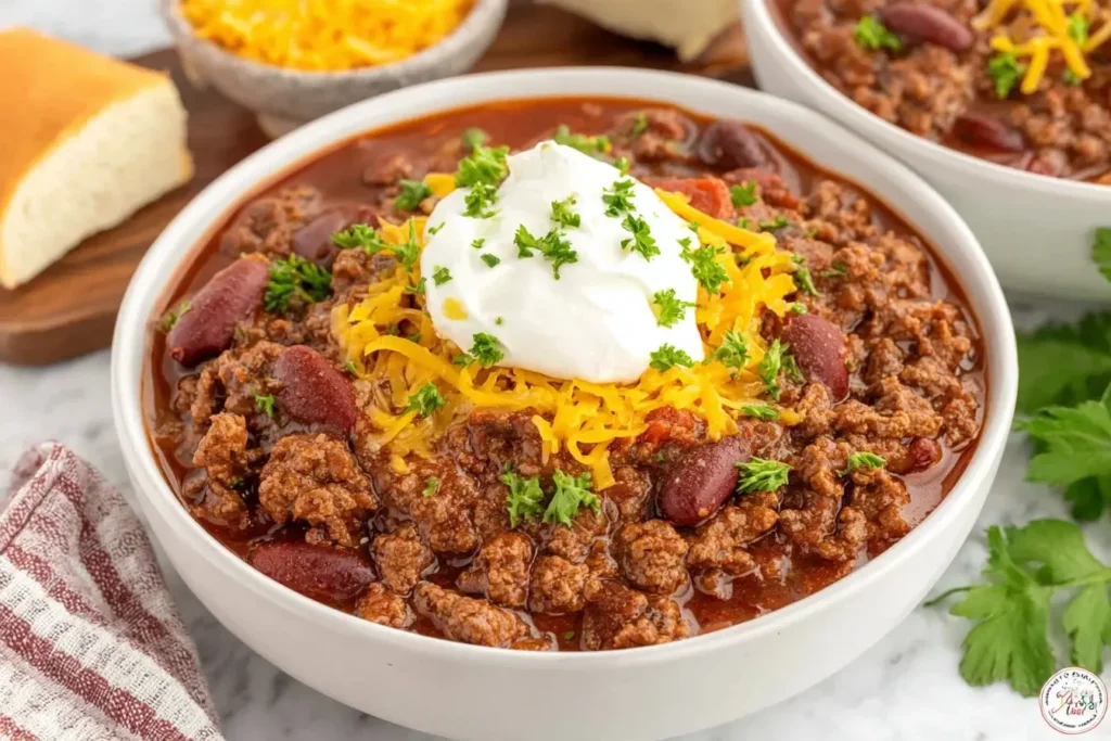 Chili Crockpot bowl topped with shredded cheese, sour cream, and fresh herbs, showcasing hearty ground beef and kidney beans.