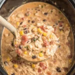 Creamy Crockpot White Chicken Chili with corn, black beans, and shredded chicken being scooped from a slow cooker.