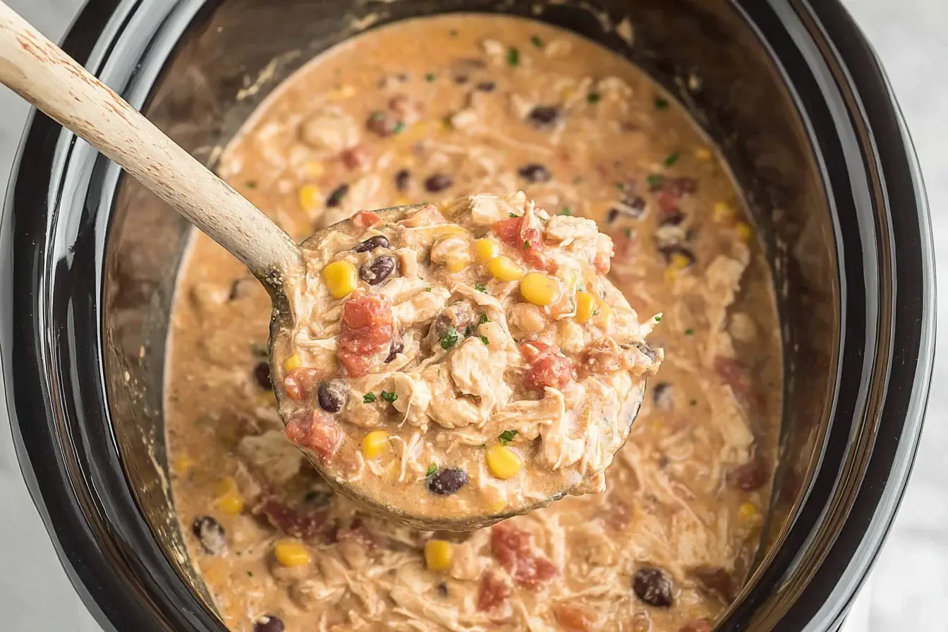 Creamy Crockpot White Chicken Chili with corn, black beans, and shredded chicken being scooped from a slow cooker.