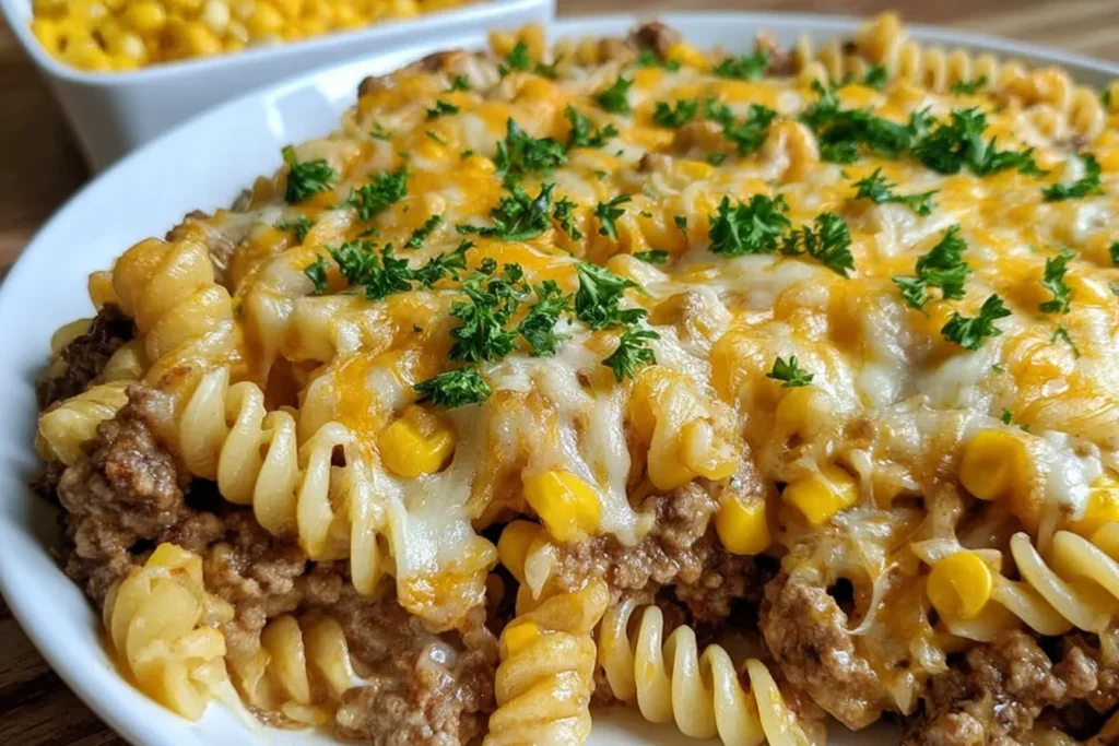 Loaded Cheddar Ranch Beef and Sweet Corn Rotini Bake in a white dish with melted cheddar, seasoned ground beef, sweet corn, and parsley.